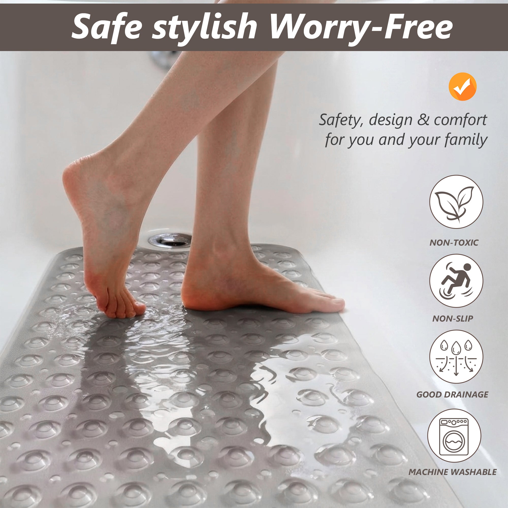 UNIWELL Bathtub Mat with Suction Cups , 40*16inch Non Slip PVC  Shower Mat ,Safety Grip Machine Washable Bathroom Mats Clear