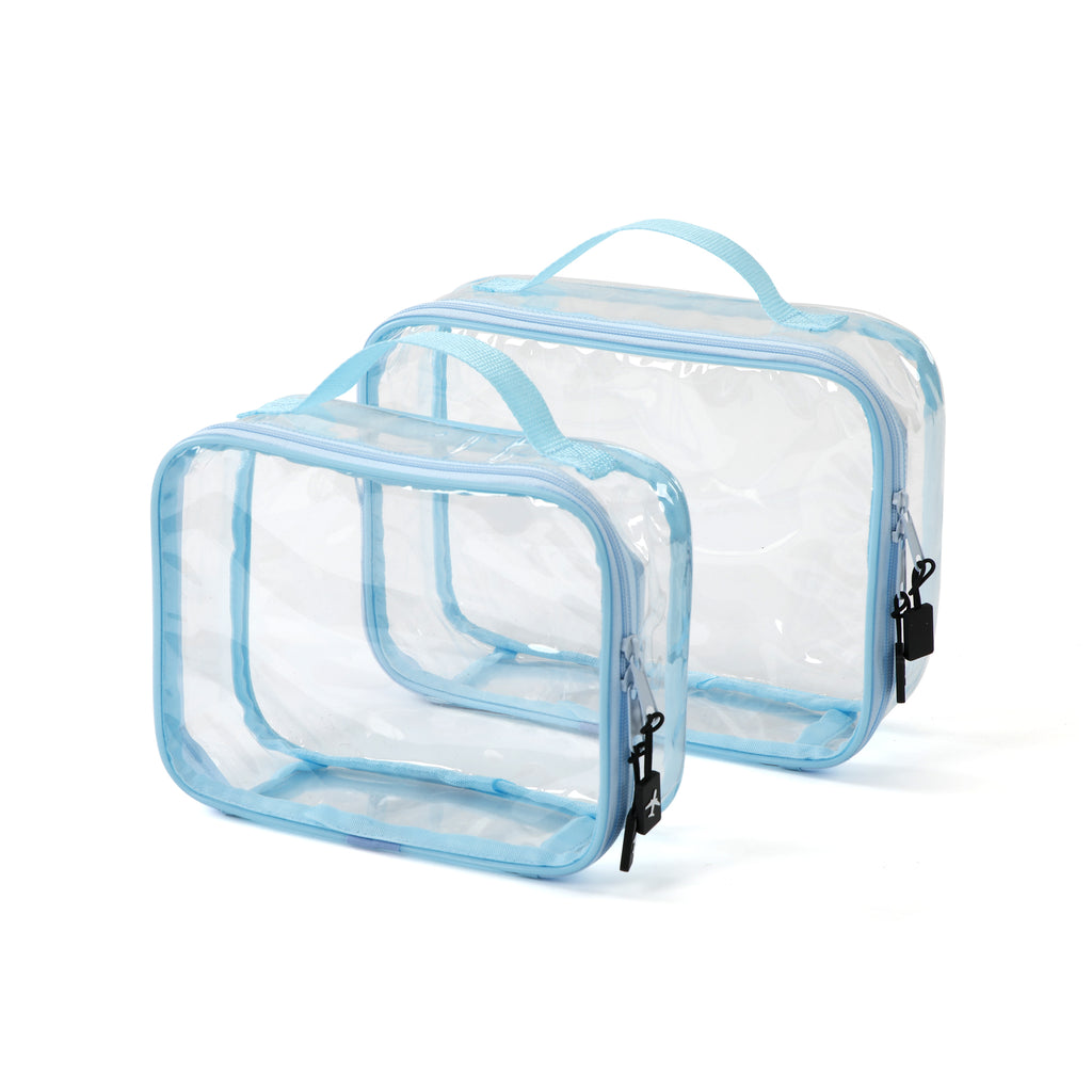 UNIWELL 2-Piece PVC Cosmetic Bags Blue Transparent  Waterproof Travel Clear Toiletry Pouch with Handle for Airport Travel