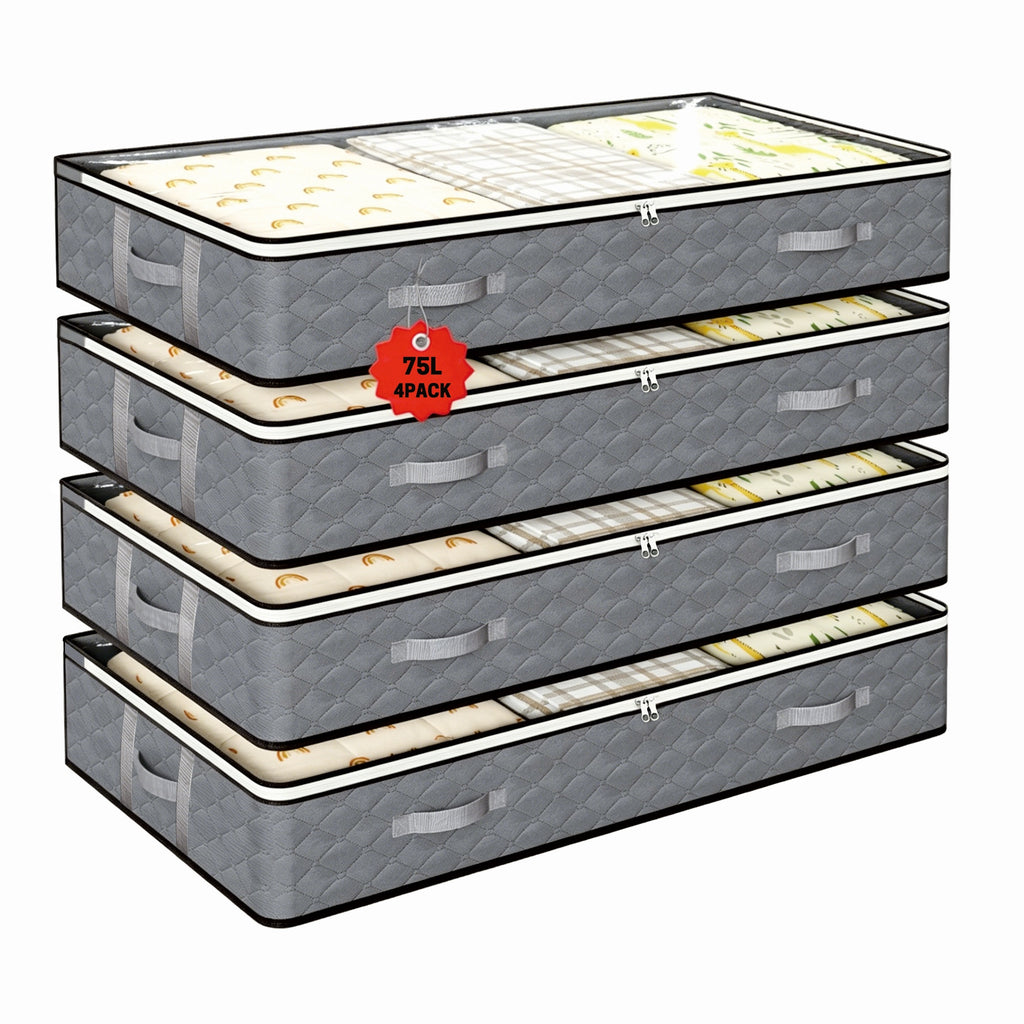 UNIWELL 4 Pack 75L Under Bed Storage Containers with Reinforced Handles, Clear Lids Foldable Underbed Storage Bags for Blankets, Comforter, Bedding, Clothes