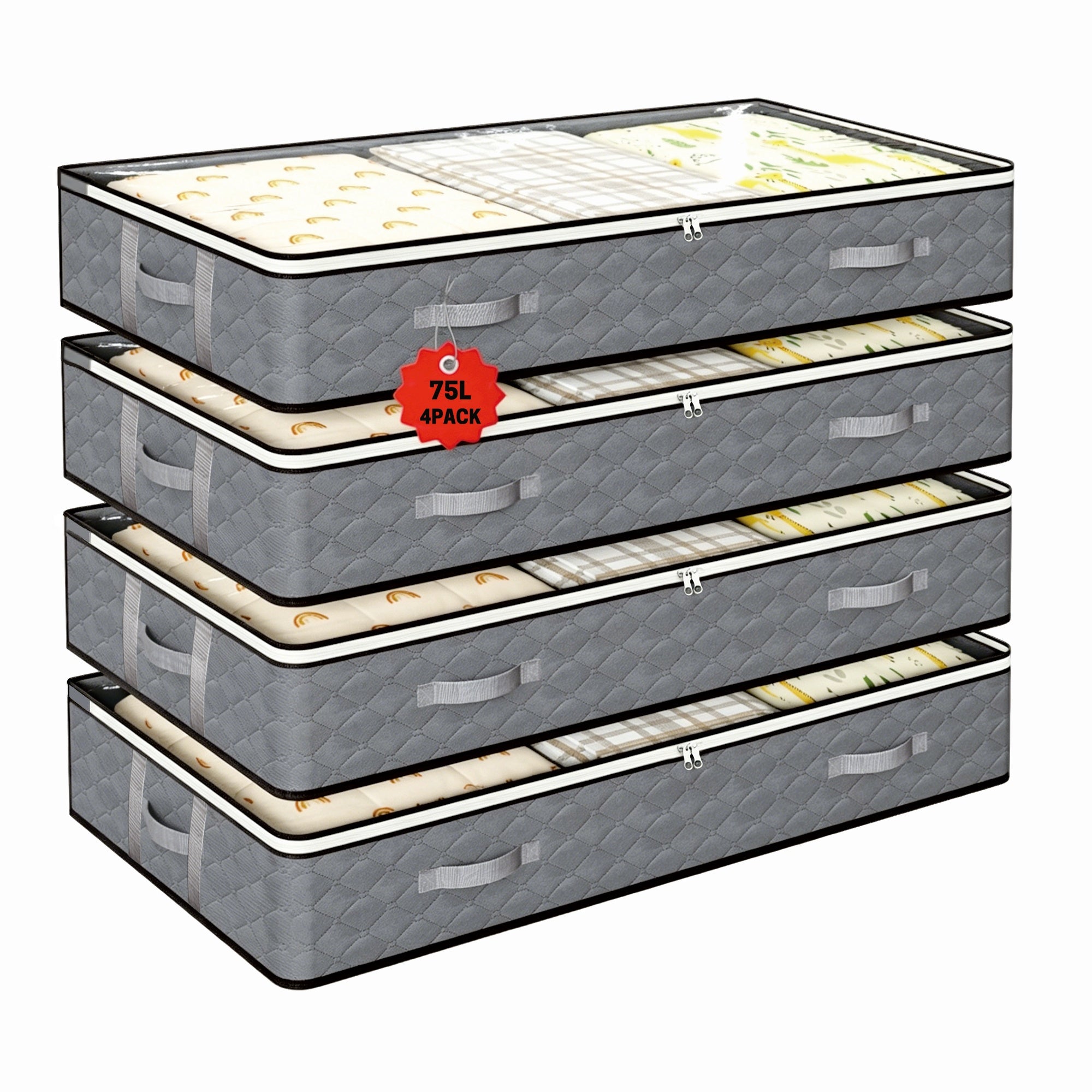 UNIWELL 4 Pack 75L Under Bed Storage Containers with Reinforced Handles, Clear Lids Foldable Underbed Storage Bags for Blankets, Comforter, Bedding, Clothes