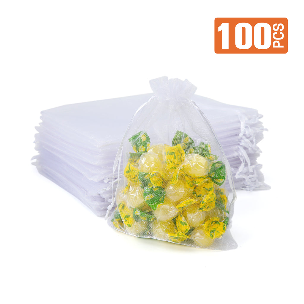 UNIWELL 100 Pcs 5x7 Inches Organza Bags Drawstring Mesh Jewelry Candy Pouches, Reusable Favor Bags for Christmas, Baby Shower, and Crafts