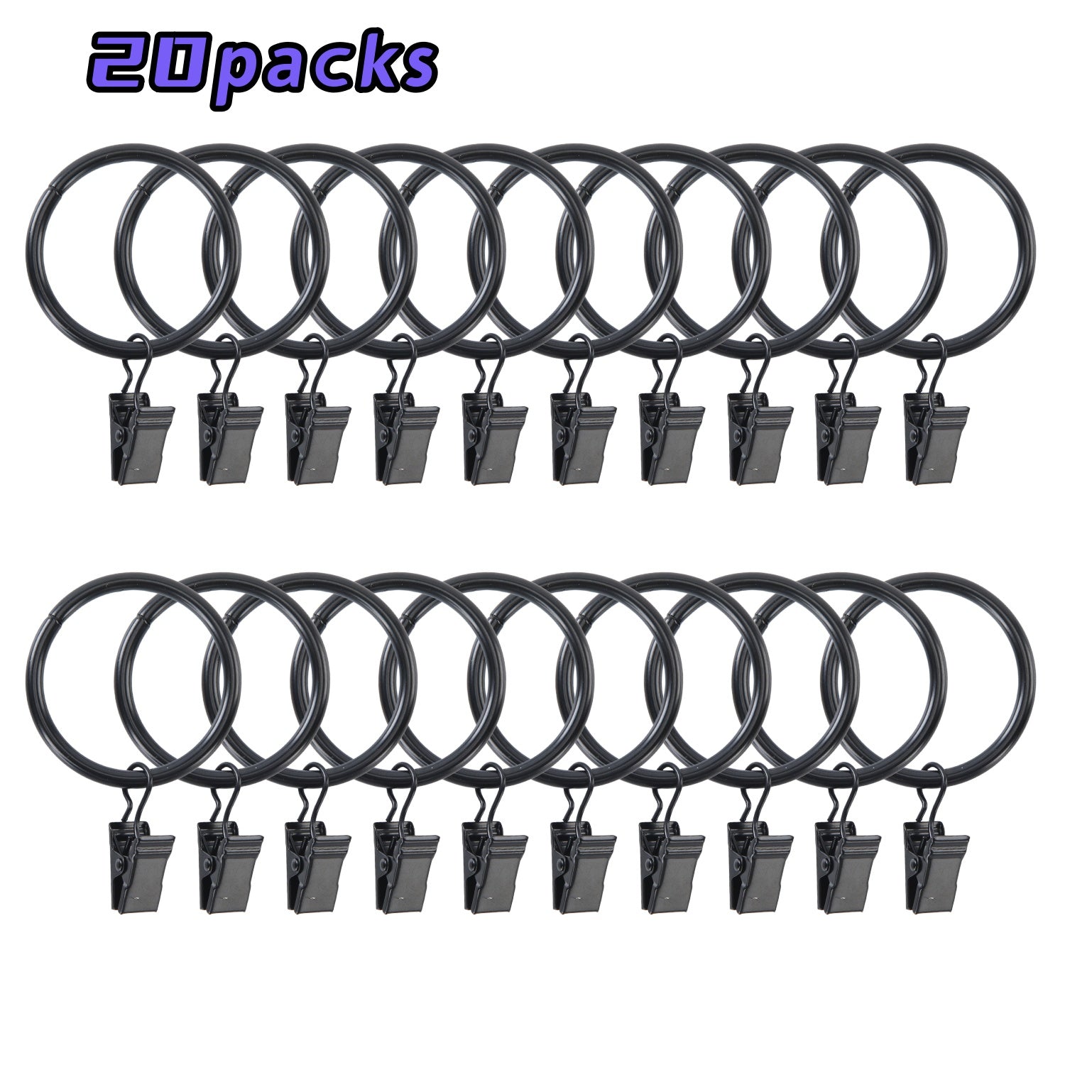 UNIWELL 20/40packs Curtain Rings with Clips, Heavy Duty Drapery Clip,Tension Rods Hooks, Polish Black Curtain Hooks Hangers