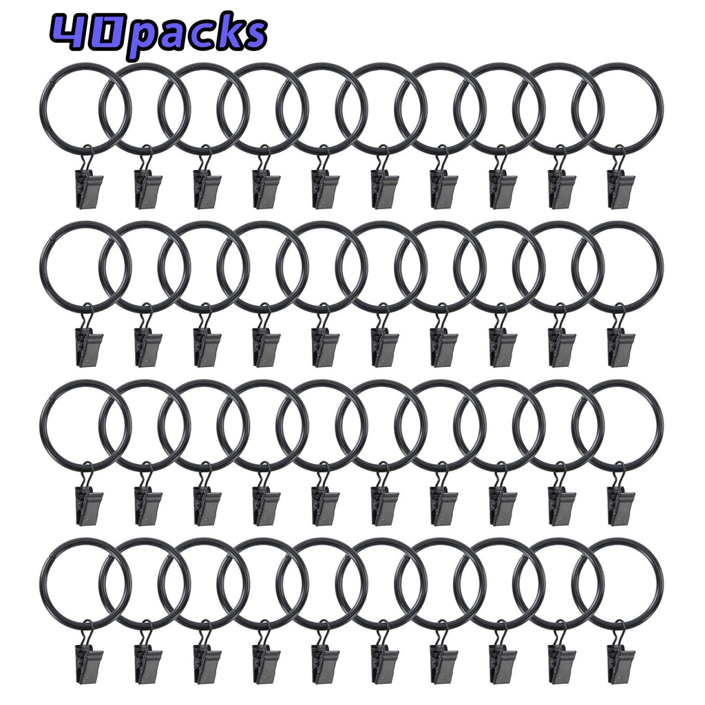 UNIWELL 20/40packs Curtain Rings with Clips, Heavy Duty Drapery Clip,Tension Rods Hooks, Polish Black Curtain Hooks Hangers