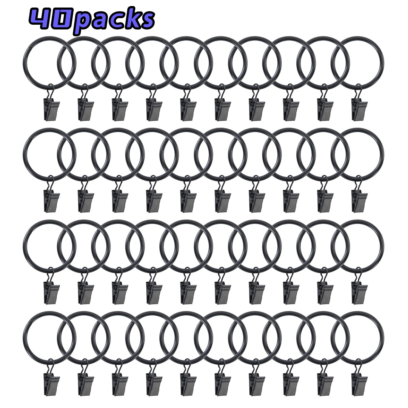 UNIWELL 20/40packs Curtain Rings with Clips, Heavy Duty Drapery Clip,Tension Rods Hooks, Polish Black Curtain Hooks Hangers