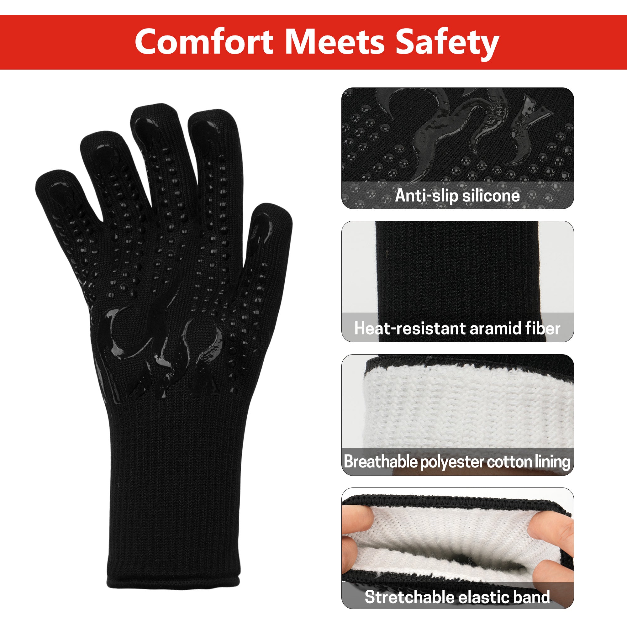 UNIWELL BBQ Gloves, Heat Resistant Cooking 1472°F Grilling Gloves for Barbecue,Fireproof, Cut-Resistant Grill Gloves