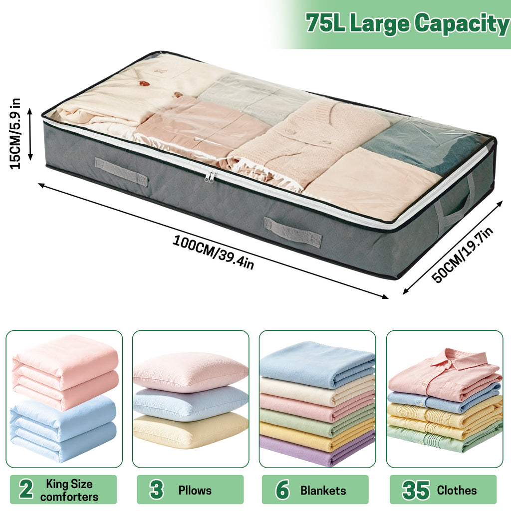 UNIWELL 4 Pack 75L Under Bed Storage Containers with Reinforced Handles, Clear Lids Foldable Underbed Storage Bags for Blankets, Comforter, Bedding, Clothes