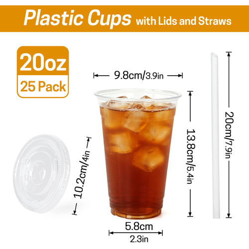 UNIWELL 20 oz Clear Plastic Cups with Lids and Straws, 25 Sets Disposable Drinking Cups for Cold Drinks, Iced Coffee, Milkshakes, Smoothies,