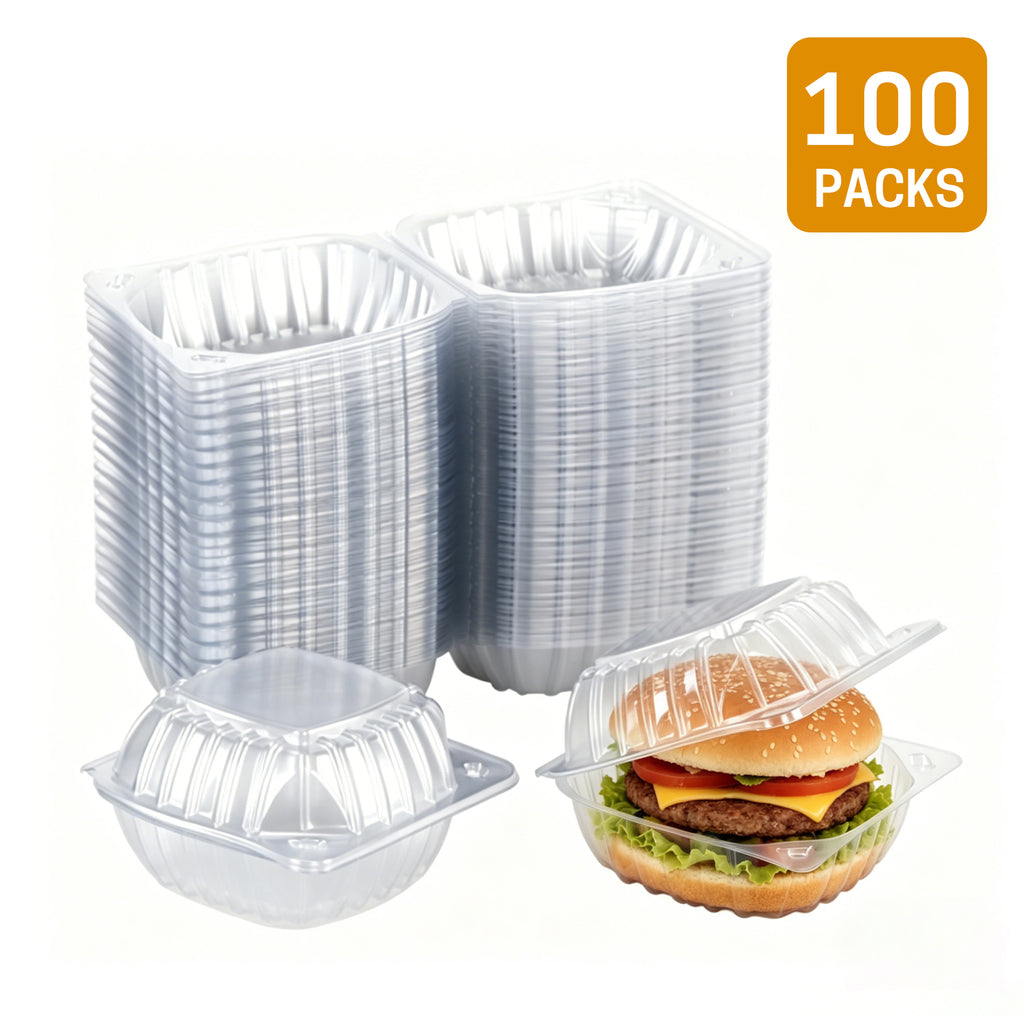 UNIWELL 50/100packs 5x5 Inch Clear Plastic Food Container ,Clamshell Takeout Trays Disposable Plastic Hinged Lids Dessert Food Container for Hamburgers,Cakes,Sandwiches,Pasta,Chips