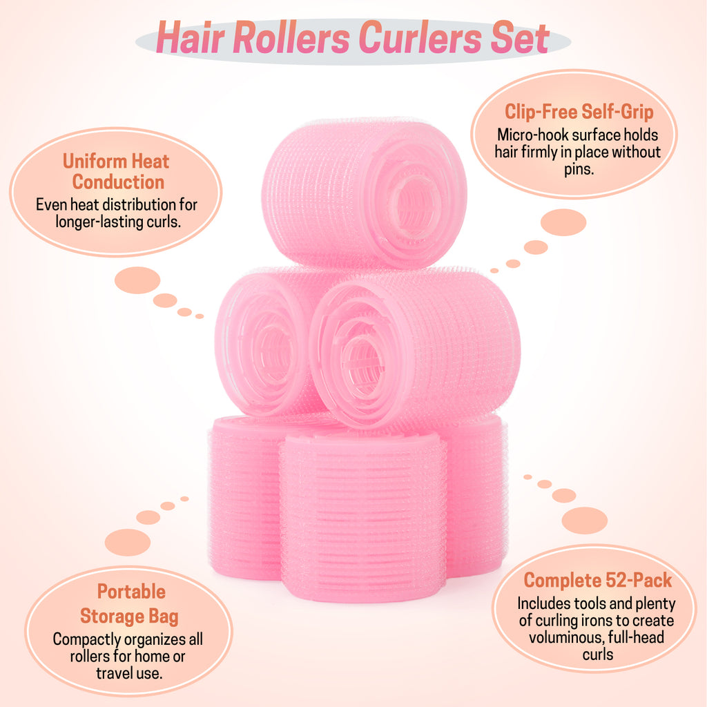 UNIWELL 52pcs Self Grip Velcro Hair Rollers, Reusable Heatless Curlers for Long Medium Short Hair, No Heat Sleep-in Salon Hairdressing Set