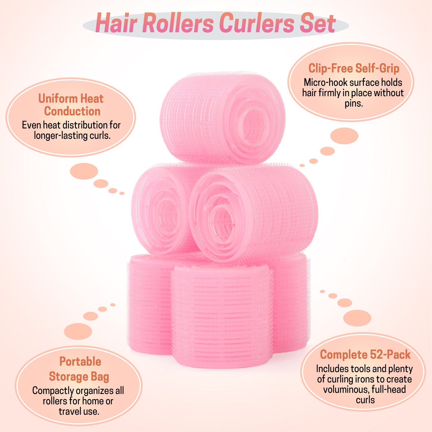 UNIWELL 52pcs Self Grip Velcro Hair Rollers, Reusable Heatless Curlers for Long Medium Short Hair, No Heat Sleep-in Salon Hairdressing Set
