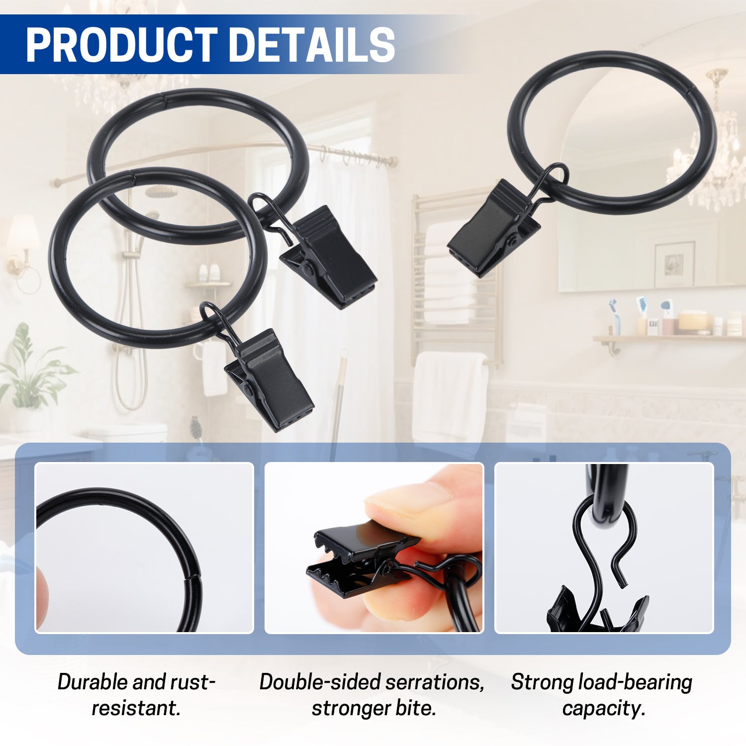 UNIWELL 20/40packs Curtain Rings with Clips, Heavy Duty Drapery Clip,Tension Rods Hooks, Polish Black Curtain Hooks Hangers