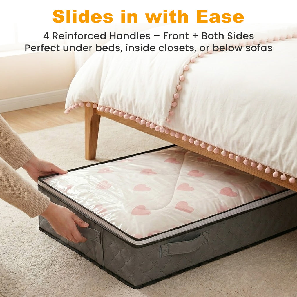 UNIWELL 4 Pack 75L Under Bed Storage Containers with Reinforced Handles, Clear Lids Foldable Underbed Storage Bags for Blankets, Comforter, Bedding, Clothes