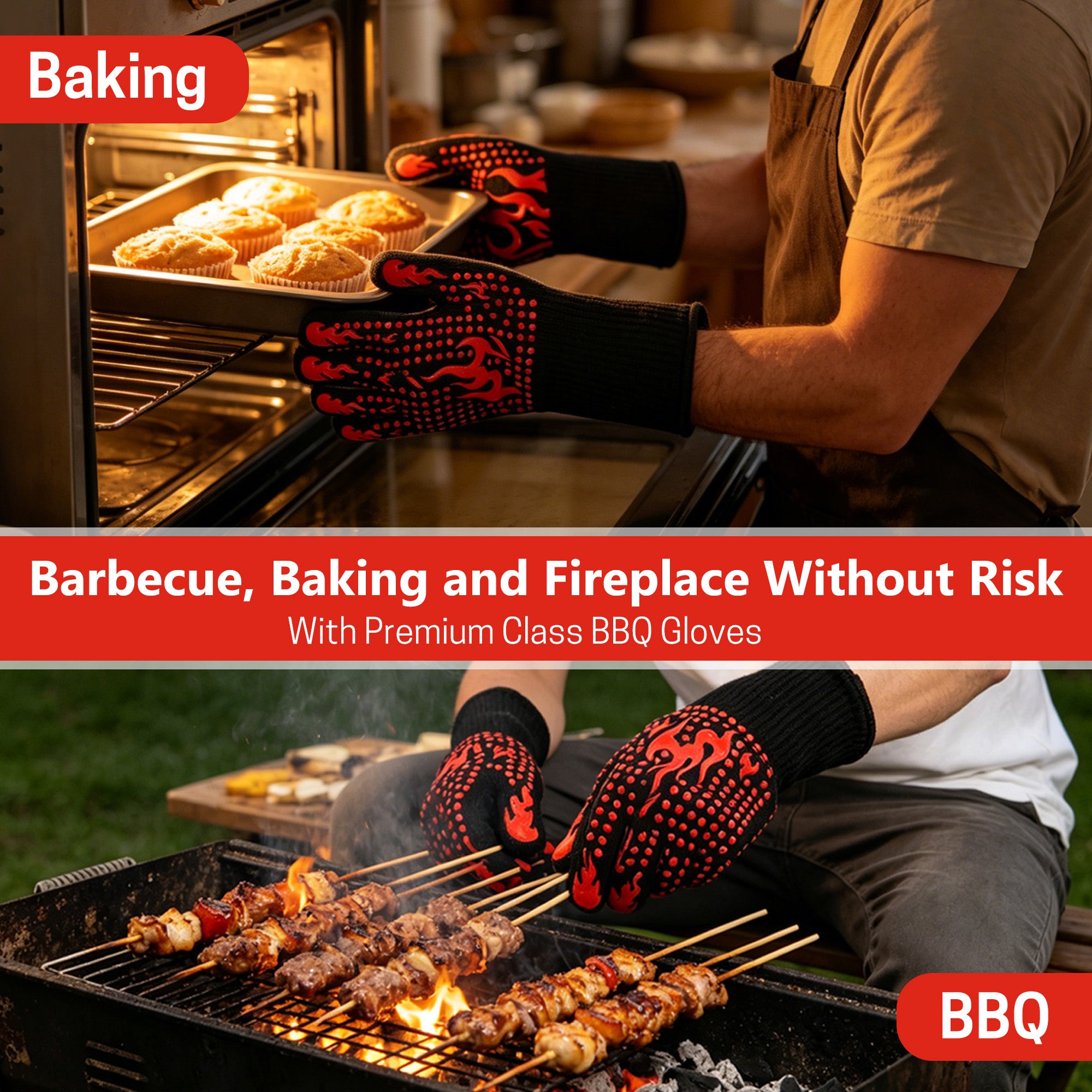 UNIWELL BBQ Gloves, Heat Resistant Cooking 1472°F Grilling Gloves for Barbecue,Fireproof, Cut-Resistant Grill Gloves