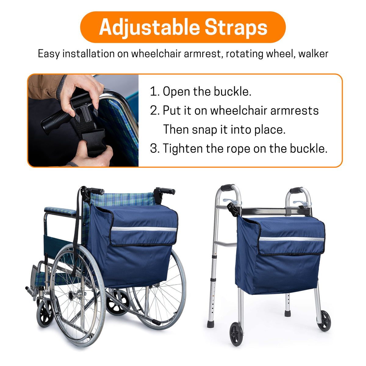 UNIWELL 18" x 16" x 8" Extra Large Wheelchair Storage Bag Waterproof Oxford Wheelchair Backpack Hanging Back Organizer with Safety Reflective Strip