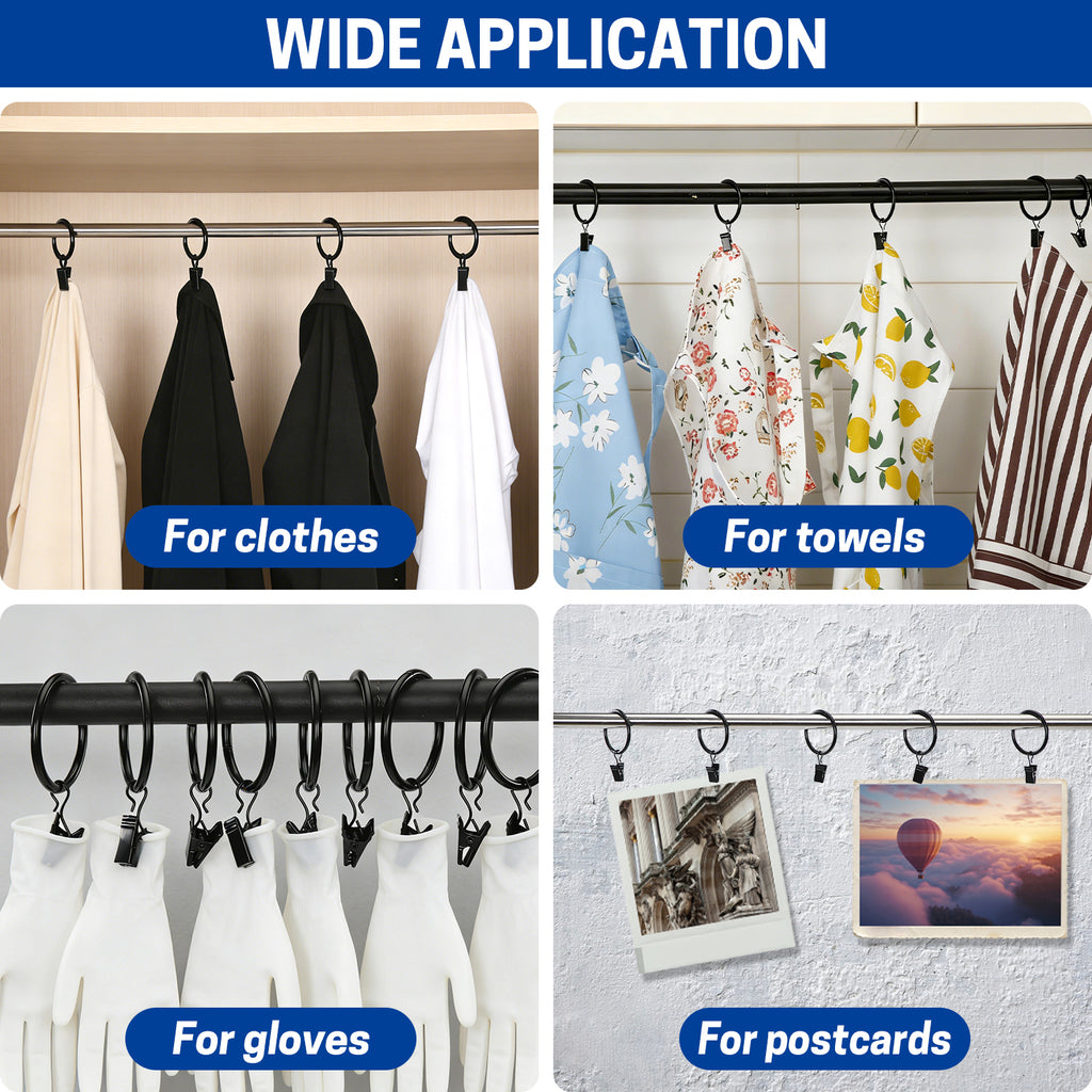 UNIWELL 20/40packs Curtain Rings with Clips, Heavy Duty Drapery Clip,Tension Rods Hooks, Polish Black Curtain Hooks Hangers